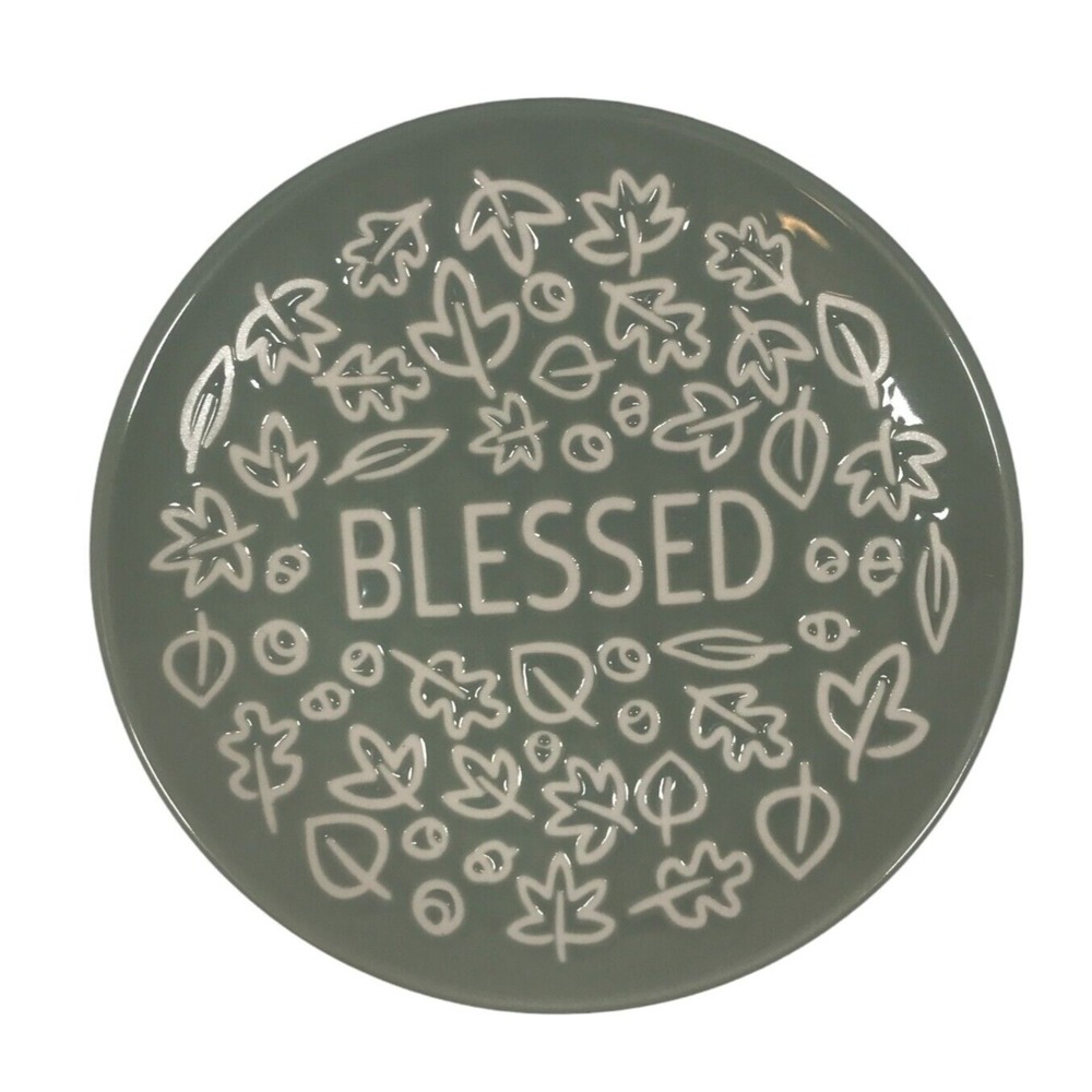 Holiday Home 6in Blessed Appetizer Plate Green Stoneware Harvest Leaves Acorns